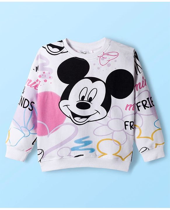 Babyhug Disney Terry Knit Drop Shoulder Full Sleeves Sweatshirt & Track Pant Set with Badge Detailing Minnie & Friends Graphic - Pink & White (Design May Vary)