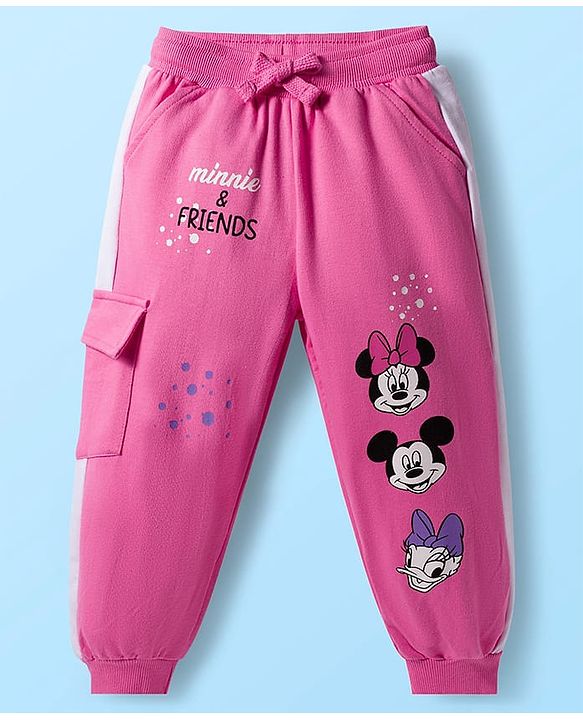 Babyhug Disney Terry Knit Drop Shoulder Full Sleeves Sweatshirt & Track Pant Set with Badge Detailing Minnie & Friends Graphic - Pink & White (Design May Vary)