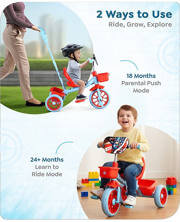 Babyhug Marvel Avengers Captain America Kids Tricycle with Parental Handle- Blue & Red| Antislip Pedals| Puncture Proof Wheels| Easy Assembling| Foldable Footrest| Toy for 2 to 5 year| Gifting Option