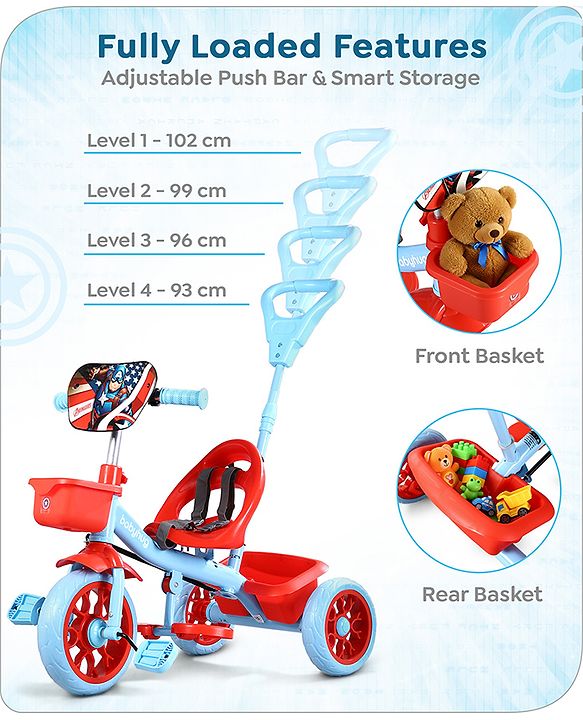 Babyhug Marvel Avengers Captain America Kids Tricycle with Parental Handle- Blue & Red| Antislip Pedals| Puncture Proof Wheels| Easy Assembling| Foldable Footrest| Toy for 2 to 5 year| Gifting Option