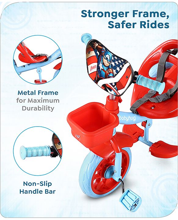 Babyhug Marvel Avengers Captain America Kids Tricycle with Parental Handle- Blue & Red| Antislip Pedals| Puncture Proof Wheels| Easy Assembling| Foldable Footrest| Toy for 2 to 5 year| Gifting Option