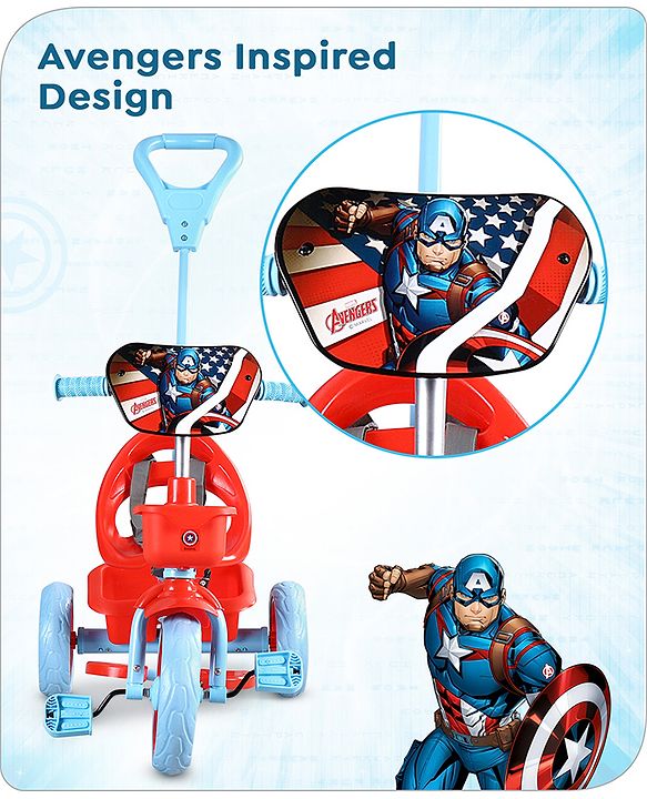 Babyhug Marvel Avengers Captain America Kids Tricycle with Parental Handle- Blue & Red| Antislip Pedals| Puncture Proof Wheels| Easy Assembling| Foldable Footrest| Toy for 2 to 5 year| Gifting Option