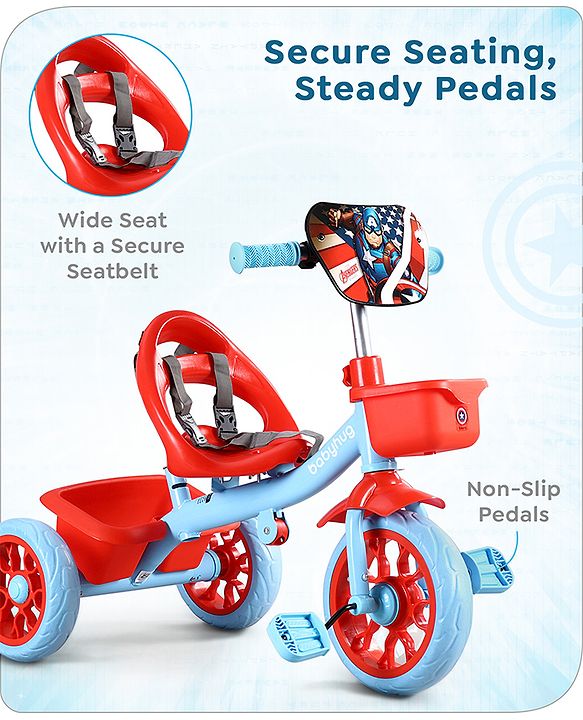 Babyhug Marvel Avengers Captain America Kids Tricycle with Parental Handle- Blue & Red| Antislip Pedals| Puncture Proof Wheels| Easy Assembling| Foldable Footrest| Toy for 2 to 5 year| Gifting Option