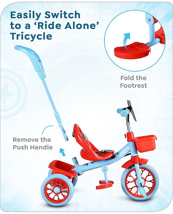 Babyhug Marvel Avengers Captain America Kids Tricycle with Parental Handle- Blue & Red| Antislip Pedals| Puncture Proof Wheels| Easy Assembling| Foldable Footrest| Toy for 2 to 5 year| Gifting Option