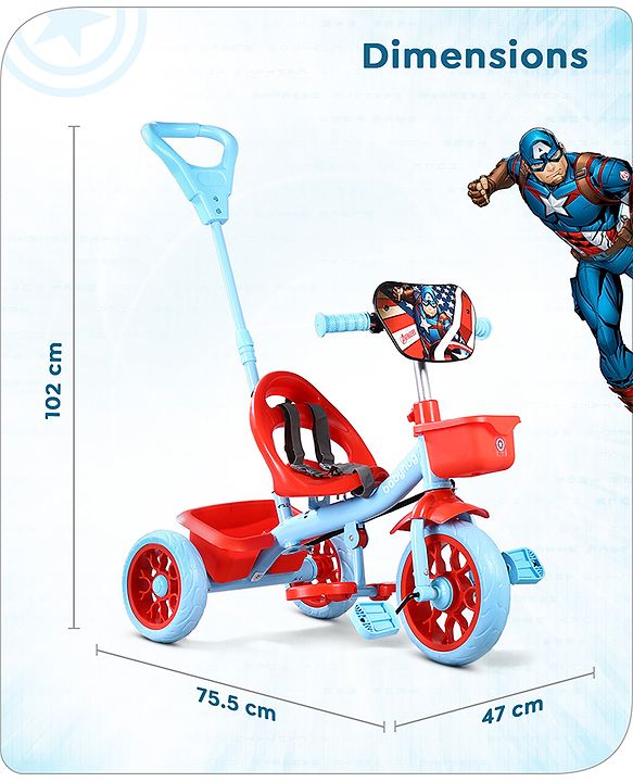 Babyhug Marvel Avengers Captain America Kids Tricycle with Parental Handle- Blue & Red| Antislip Pedals| Puncture Proof Wheels| Easy Assembling| Foldable Footrest| Toy for 2 to 5 year| Gifting Option