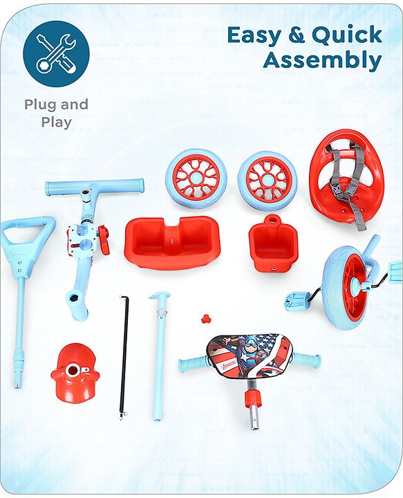 Babyhug Marvel Avengers Captain America Kids Tricycle with Parental Handle- Blue & Red| Antislip Pedals| Puncture Proof Wheels| Easy Assembling| Foldable Footrest| Toy for 2 to 5 year| Gifting Option