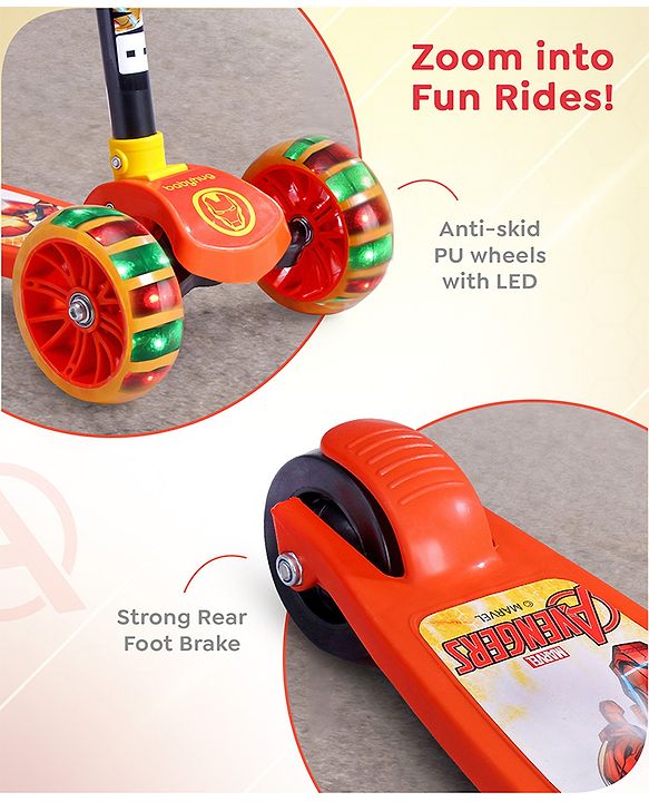Babyhug Marvel Spider Man Kids 3 Wheel Scooter with Attractive Led Wheels|Compact Fold| Lean-to-Steer| Gifting Option| Physical Activity - Red & Blue