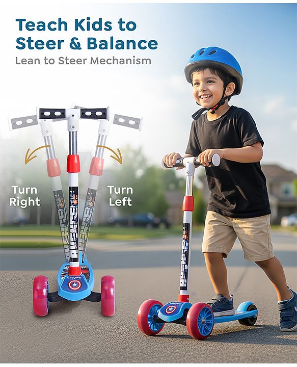 Babyhug Marvel Spider Man Kids 3 Wheel Scooter with Attractive Led Wheels|Compact Fold| Lean-to-Steer| Gifting Option| Physical Activity - Red & Blue