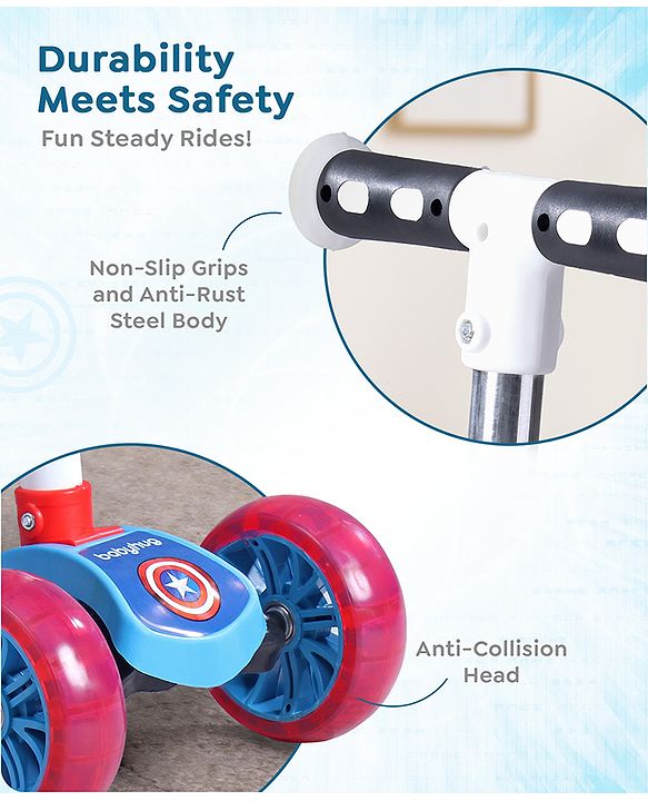 Babyhug Marvel Spider Man Kids 3 Wheel Scooter with Attractive Led Wheels|Compact Fold| Lean-to-Steer| Gifting Option| Physical Activity - Red & Blue