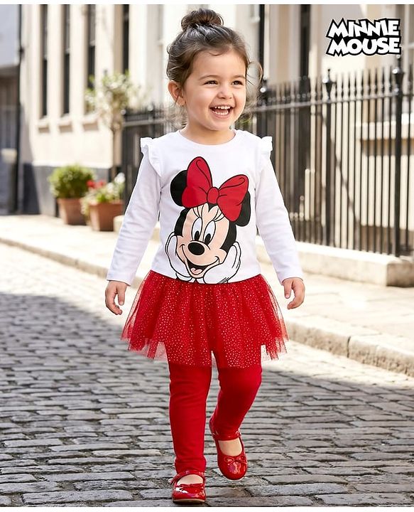 Babyhug Disney Single Jersey Knit Full Sleeves T-Shirt & Legging With Minnie Mouse Graphics & Mesh skirt Detailing - White & Red