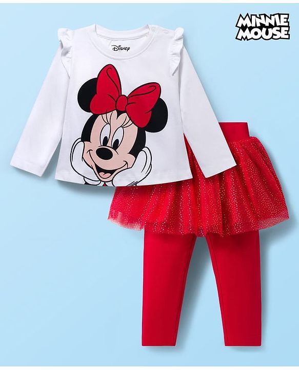 Babyhug Disney Single Jersey Knit Full Sleeves T-Shirt & Legging With Minnie Mouse Graphics & Mesh skirt Detailing - White & Red