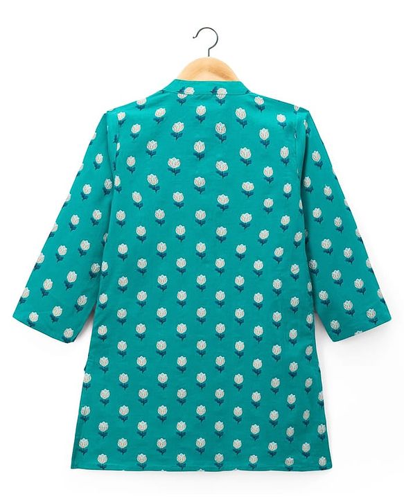 Babyhug Cambric Woven Full Sleeves Kurta Dhoti Set with Floral Print - Turquoise