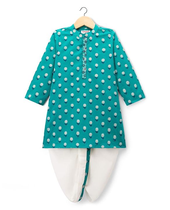Babyhug Cambric Woven Full Sleeves Kurta Dhoti Set with Floral Print - Turquoise