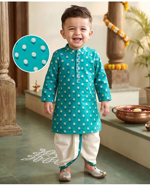 Babyhug Cambric Woven Full Sleeves Kurta Dhoti Set with Floral Print - Turquoise