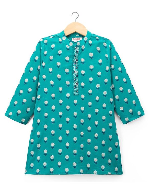 Babyhug Cambric Woven Full Sleeves Kurta Dhoti Set with Floral Print - Turquoise