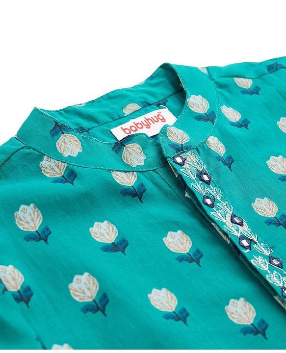 Babyhug Cambric Woven Full Sleeves Kurta Dhoti Set with Floral Print - Turquoise