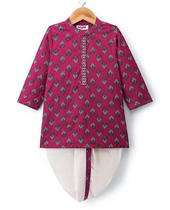Babyhug Cambric Woven Full Sleeves Kurta Dhoti Set With Floral Print - Red & White