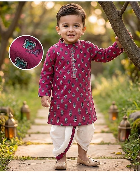 Babyhug Cambric Woven Full Sleeves Kurta Dhoti Set With Floral Print - Red & White