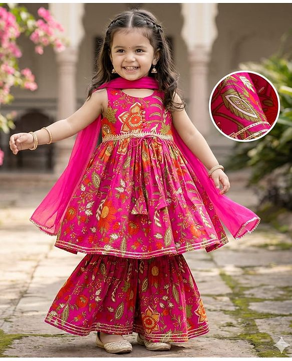 Babyhug Cambric Woven Sleeveless Kurti Palazo & Dupatta Set With Floral Print - Pink