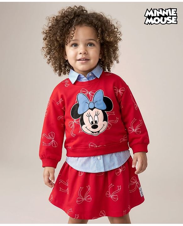 Babyhug Disney Terry Knit Drop Shoulder Full Sleeves Sweatshirt with Inner Shirt & Skirt Set with Minnie Graphics - Red