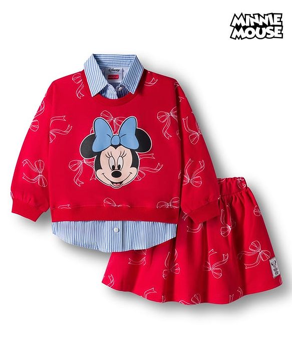 Babyhug Disney Terry Knit Drop Shoulder Full Sleeves Sweatshirt with Inner Shirt & Skirt Set with Minnie Graphics - Red