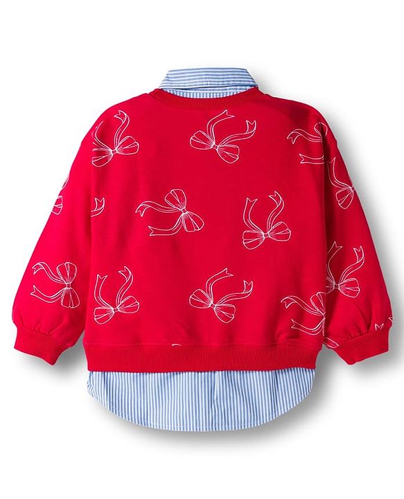 Babyhug Disney Terry Knit Drop Shoulder Full Sleeves Sweatshirt with Inner Shirt & Skirt Set with Minnie Graphics - Red
