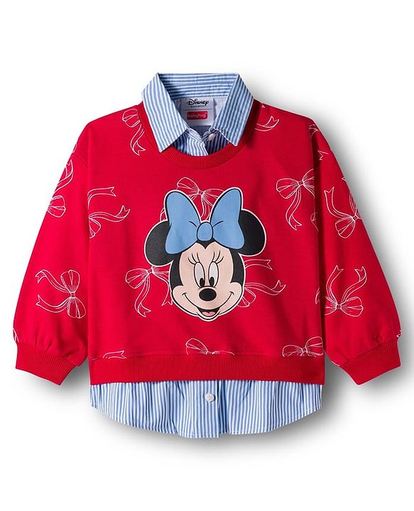 Babyhug Disney Terry Knit Drop Shoulder Full Sleeves Sweatshirt with Inner Shirt & Skirt Set with Minnie Graphics - Red