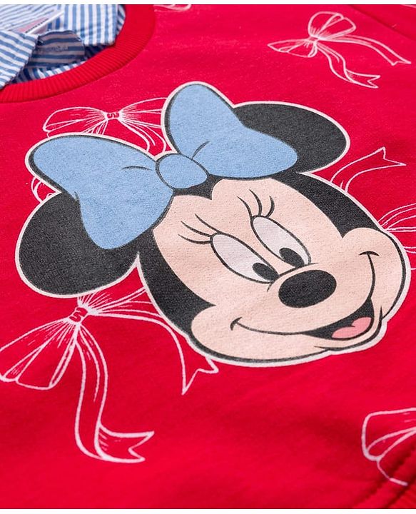 Babyhug Disney Terry Knit Drop Shoulder Full Sleeves Sweatshirt with Inner Shirt & Skirt Set with Minnie Graphics - Red