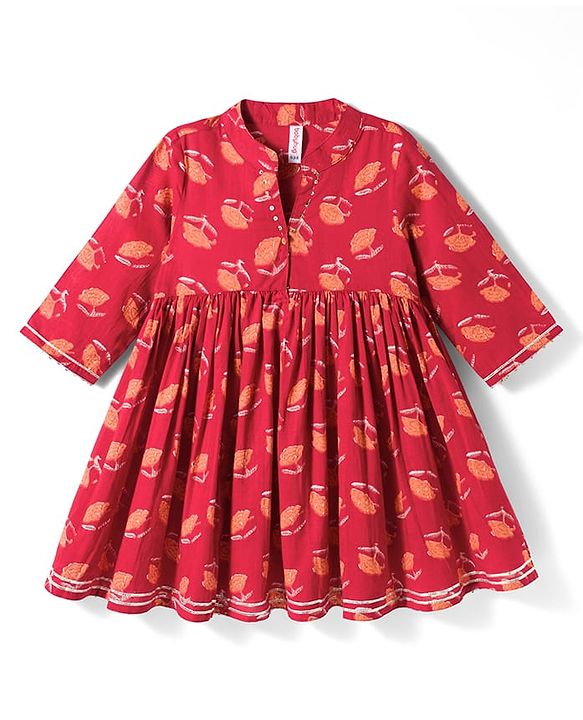 Babyhug Cambric Woven Three Fourth Sleeves Ethnic Dress with Floral Print - Rust Orange