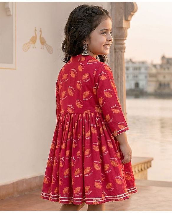 Babyhug Cambric Woven Three Fourth Sleeves Ethnic Dress with Floral Print - Rust Orange