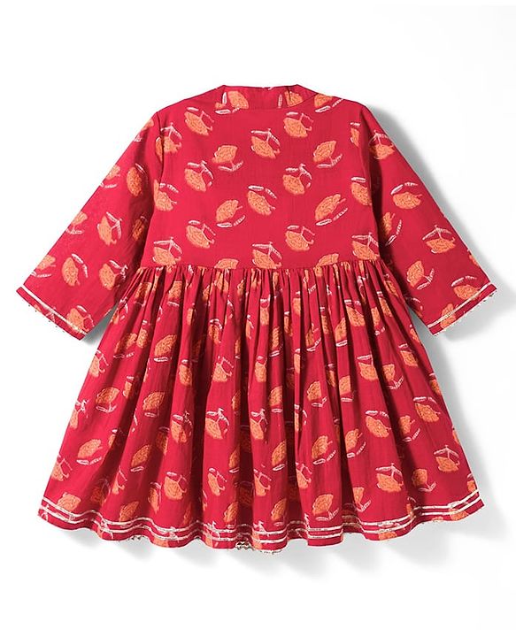 Babyhug Cambric Woven Three Fourth Sleeves Ethnic Dress with Floral Print - Rust Orange
