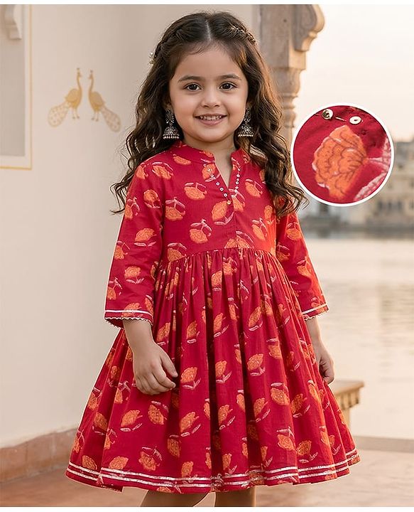 Babyhug Cambric Woven Three Fourth Sleeves Ethnic Dress with Floral Print - Rust Orange