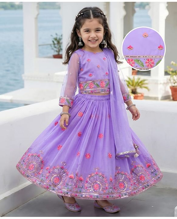 Babyhug Georgette Woven Three Fourth Sleeve Choli Lehenga & Dupatta Set with Floral Embroidery - Lavender