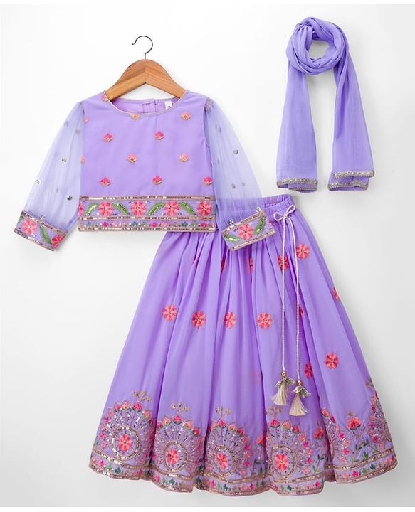 Babyhug Georgette Woven Three Fourth Sleeve Choli Lehenga & Dupatta Set with Floral Embroidery - Lavender