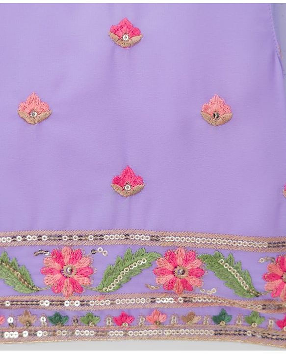 Babyhug Georgette Woven Three Fourth Sleeve Choli Lehenga & Dupatta Set with Floral Embroidery - Lavender