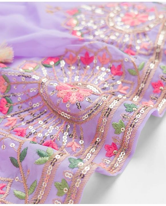 Babyhug Georgette Woven Three Fourth Sleeve Choli Lehenga & Dupatta Set with Floral Embroidery - Lavender