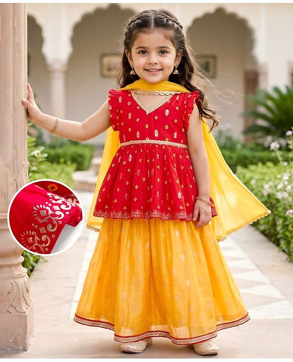 Babyhug Brocade Woven Sleeveless Bandhani Printed Long Brocade Choli & Chanderi Lahenga Set with Dupatta - Red & Yellow