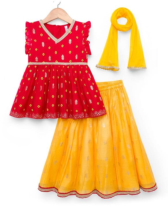 Babyhug Brocade Woven Sleeveless Bandhani Printed Long Brocade Choli & Chanderi Lahenga Set with Dupatta - Red & Yellow