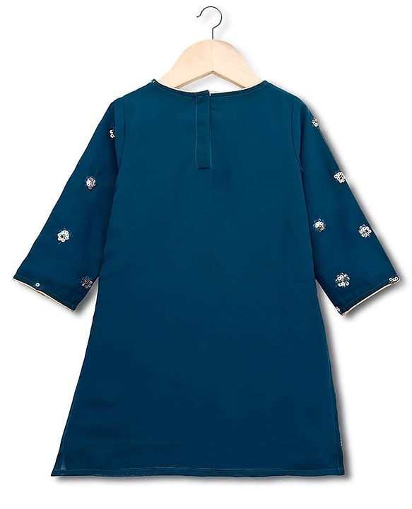 Babyhug Georgette Woven Half Sleeves Kurti Palazzo Set With Floral Embroidery & Dupatta - Navy Blue