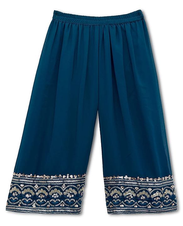 Babyhug Georgette Woven Half Sleeves Kurti Palazzo Set With Floral Embroidery & Dupatta - Navy Blue