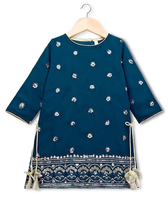 Babyhug Georgette Woven Half Sleeves Kurti Palazzo Set With Floral Embroidery & Dupatta - Navy Blue