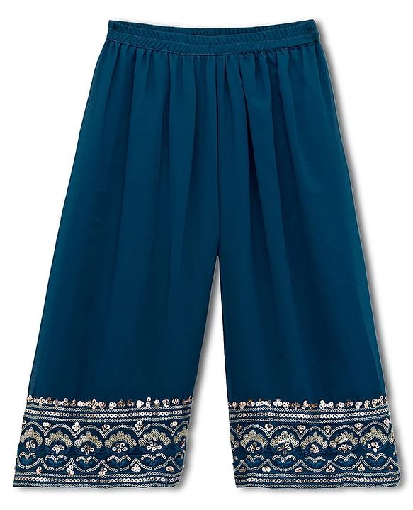 Babyhug Georgette Woven Half Sleeves Kurti Palazzo Set With Floral Embroidery & Dupatta - Navy Blue