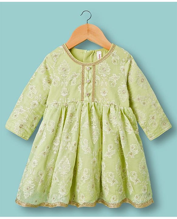 Babyhug Chanderi Woven Three Fourth Sleeves Kurta Salwar & Dupatta Set With Floral Embroidery - Lime Green