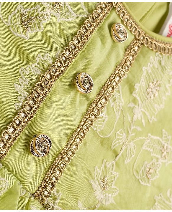 Babyhug Chanderi Woven Three Fourth Sleeves Kurta Salwar & Dupatta Set With Floral Embroidery - Lime Green