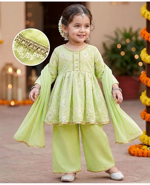 Babyhug Chanderi Woven Three Fourth Sleeves Kurta Salwar & Dupatta Set With Floral Embroidery - Lime Green