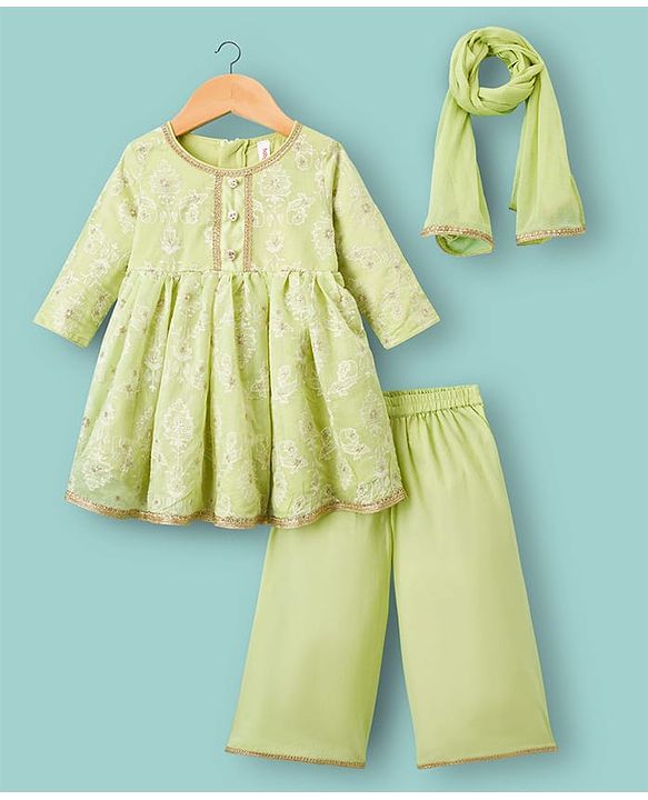 Babyhug Chanderi Woven Three Fourth Sleeves Kurta Salwar & Dupatta Set With Floral Embroidery - Lime Green