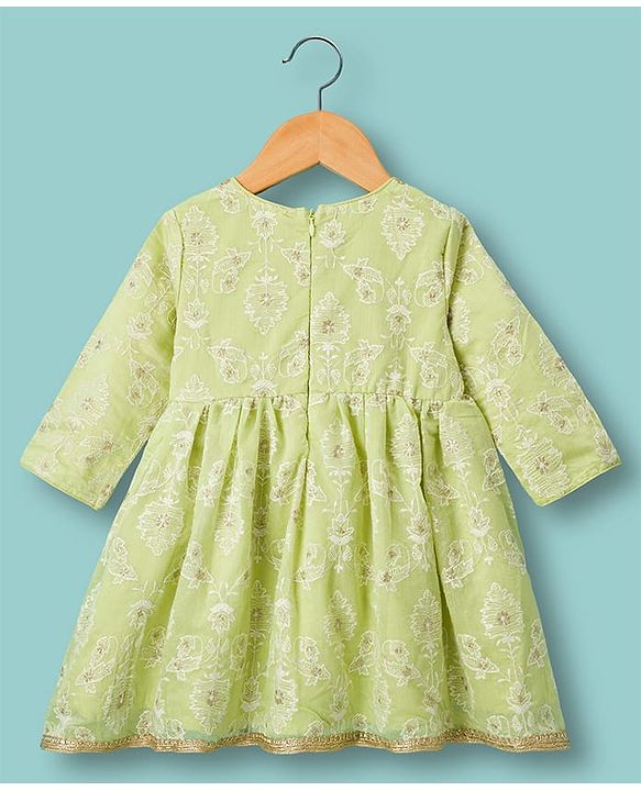Babyhug Chanderi Woven Three Fourth Sleeves Kurta Salwar & Dupatta Set With Floral Embroidery - Lime Green
