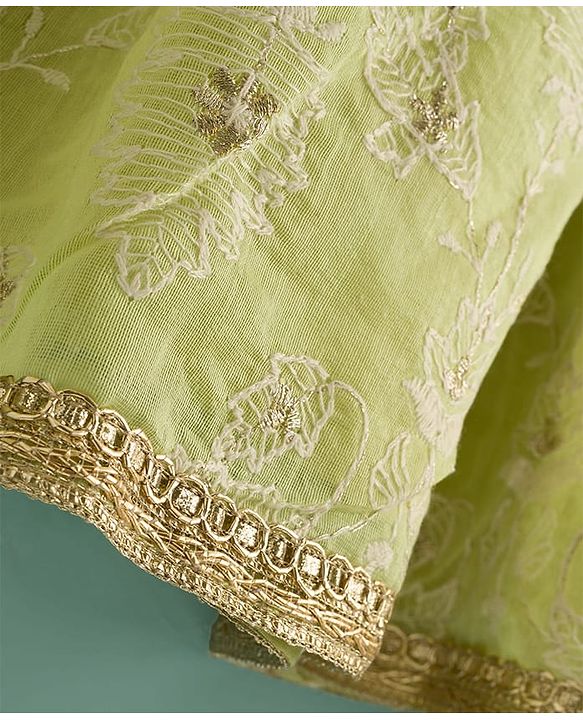 Babyhug Chanderi Woven Three Fourth Sleeves Kurta Salwar & Dupatta Set With Floral Embroidery - Lime Green