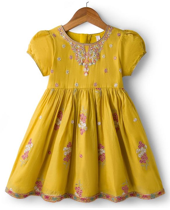 Babyhug Chanderi Woven Half Sleeves Ethnic Dress With Floral Embroidery - Yellow
