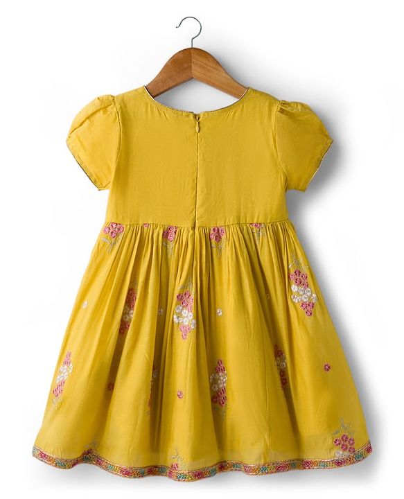 Babyhug Chanderi Woven Half Sleeves Ethnic Dress With Floral Embroidery - Yellow